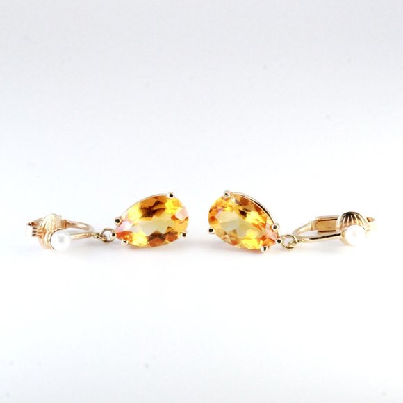 14K Gold Vintage Citrine Pearl Retro Clip Earrings - Picture 4 of 8